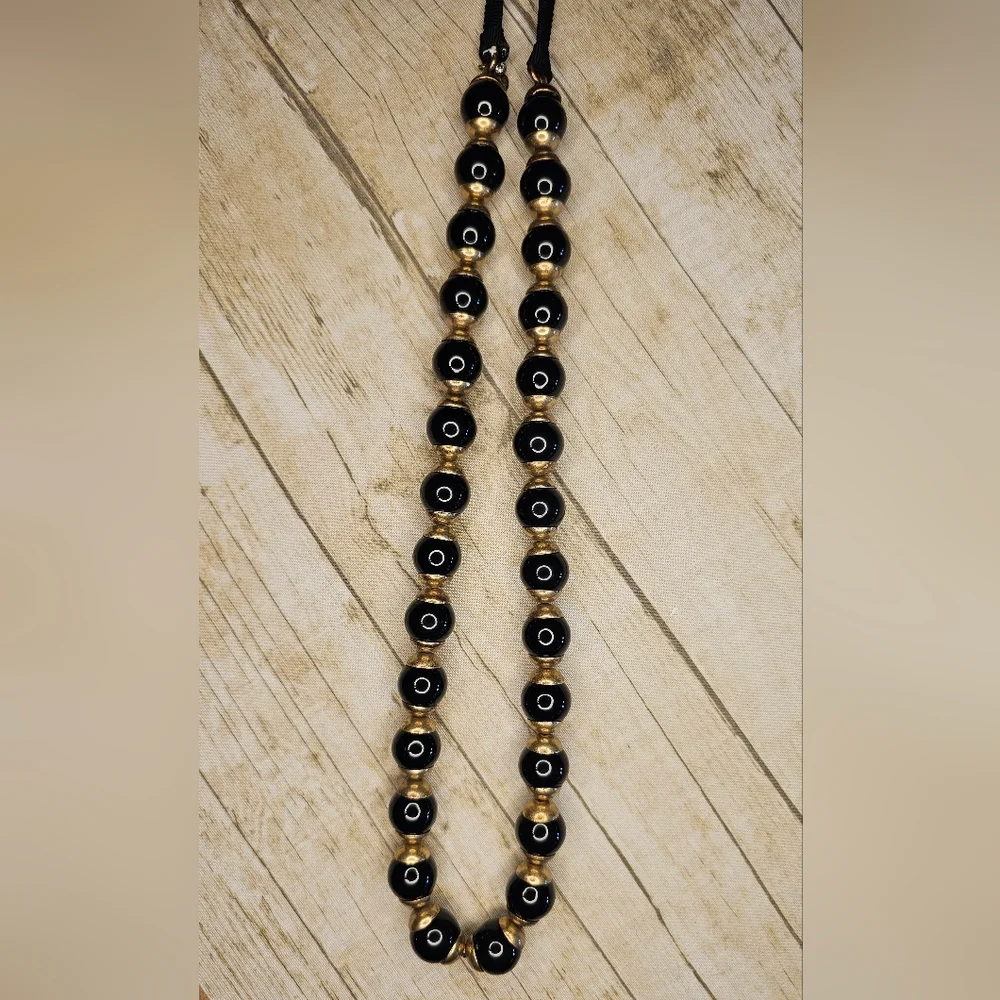 [J. CREW] Black & Gold ○● Beaded Statement Necklace with Cloth Tie